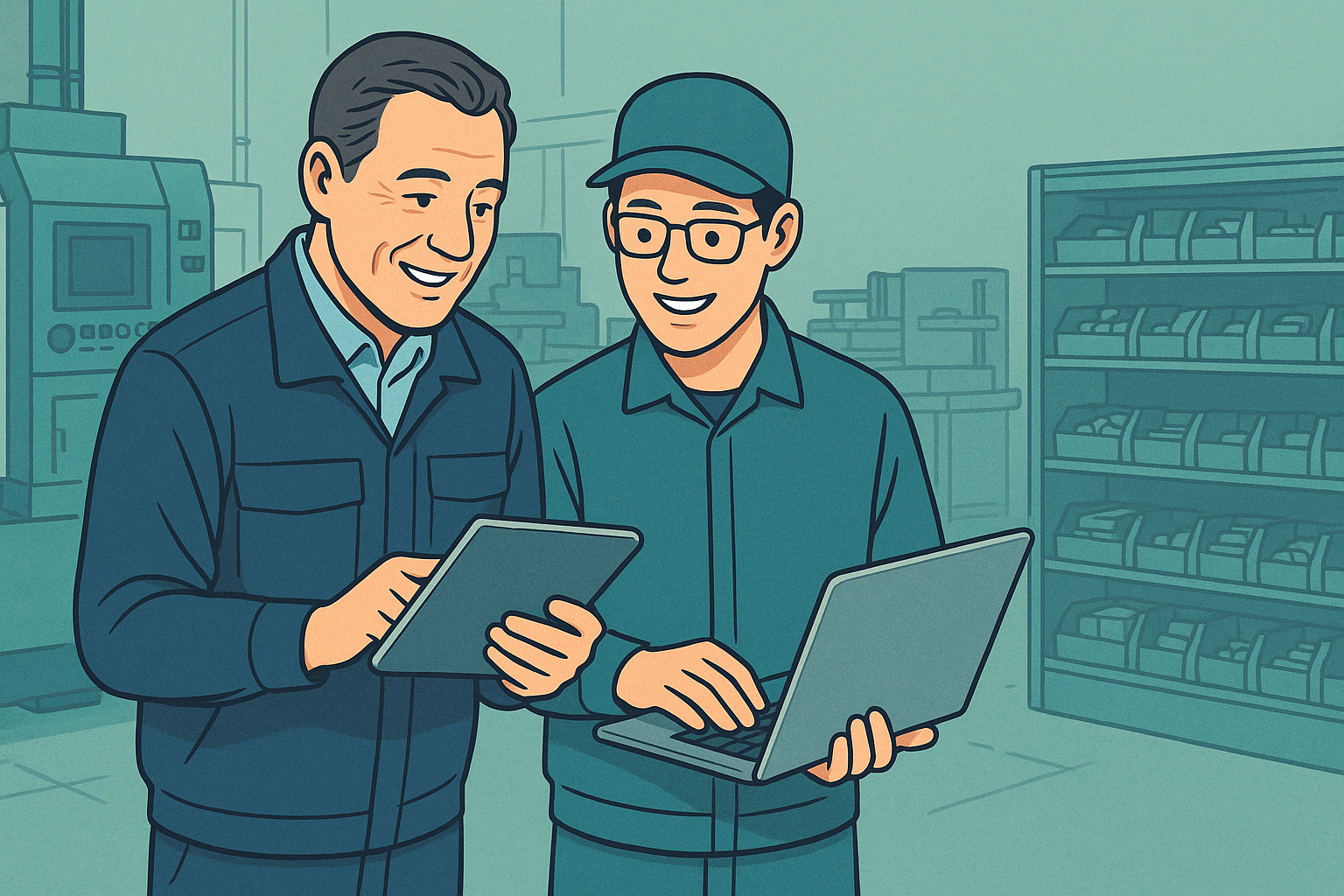 工場の現場でタブレットを見ながら打ち合わせをしているイメージ